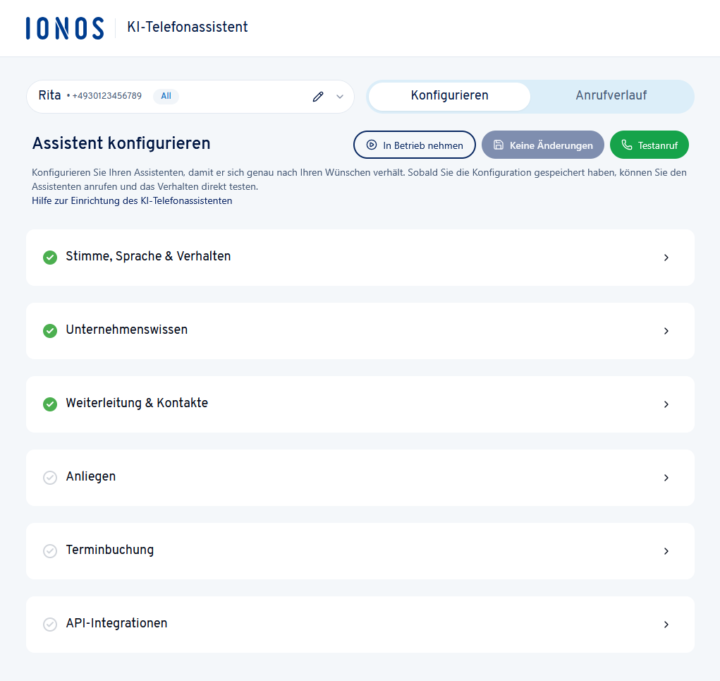 Abbildung: Dies ist die Konfigurationsseite mit den erweiterten Einstellungen für den KI-Telefonassistenten. Sie wird erst nach Abschluss der initialen Einrichtung verfügbar.