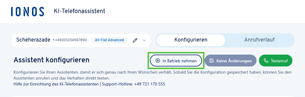 Ausschnitt der Benutzeroberfläche des IONOS KI-Telefonassistenten. Die Schaltfläche „In Betrieb nehmen“ ist im Bereich „Assistent konfigurieren“ durch einen Rahmen markiert