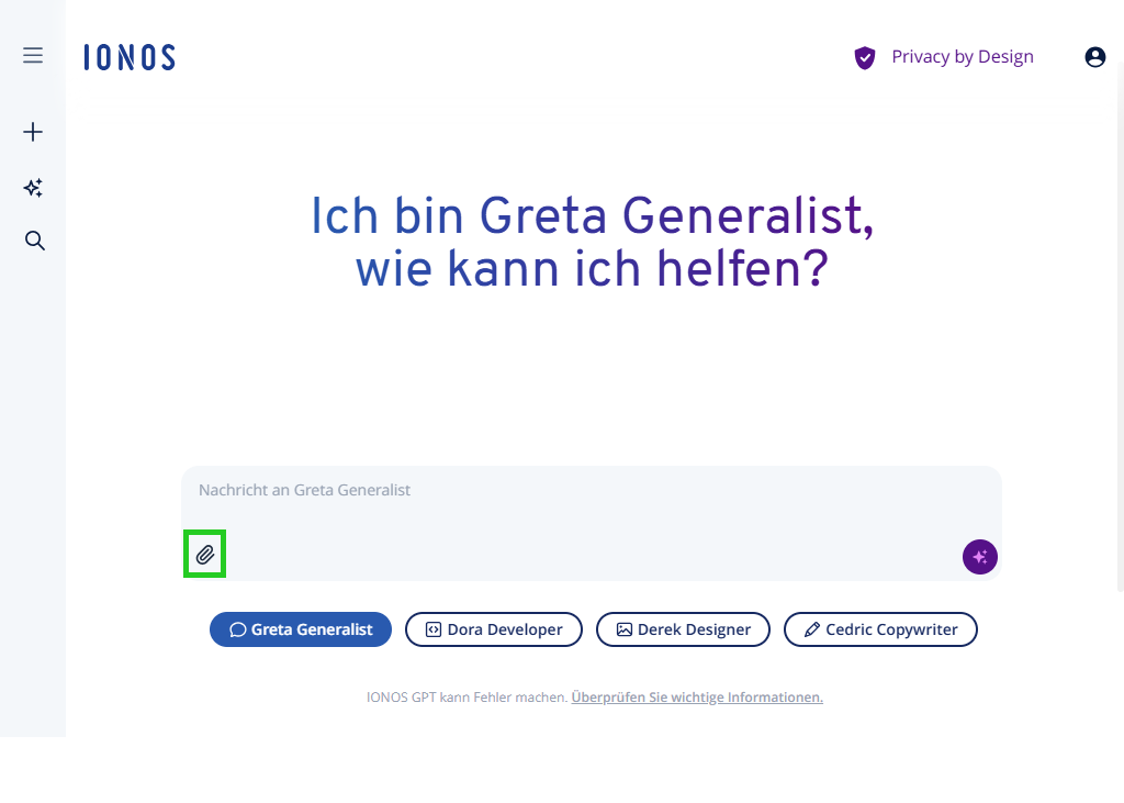 Benutzeroberfläche von IONOS GPT. Das Büroklammer-Symbol unter dem Eingabefeld des Chatsbereichs ist hervorgehoben.