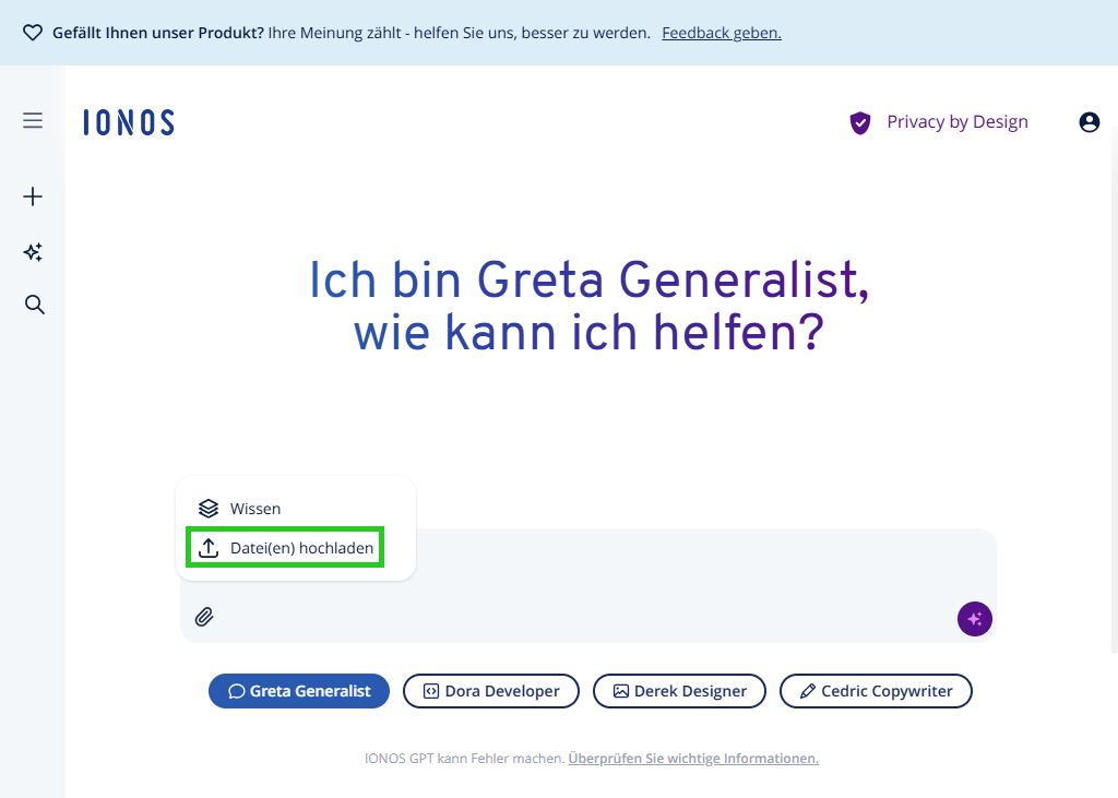 Benutzeroberfläche von IONOS GPT. Das Menü zum Hinzufügen von Anhängen im Chatbereich ist geöffnet. Im Menü ist der Eintrag "Dateien hochladen" hervorgehoben.