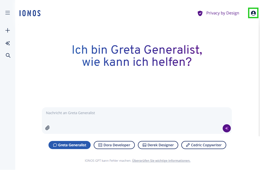 Hier sehen Sie die Benutzeroberfläche von IONOS GPT. Das Profilsymbol, mit dem sich das Benutzer-Menü öffnen lässt, ist hervorgehoben.