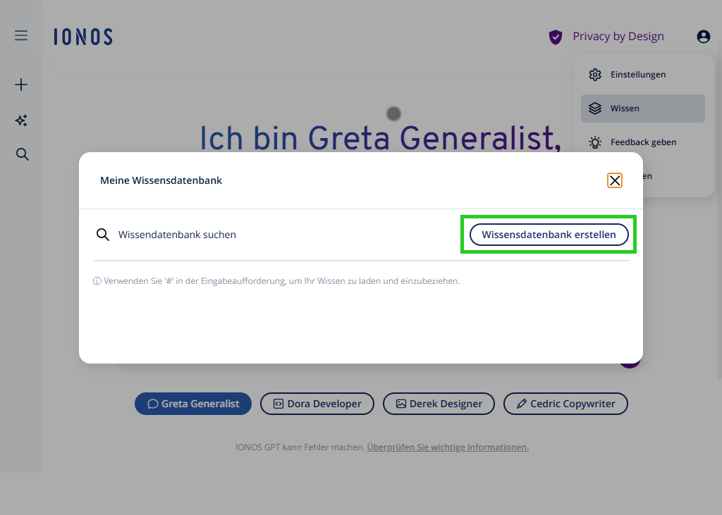 Benutzeroberfläche von IONOS GPT. Der Verwaltungsbereich für die Wissensdatenbanken ist geöffnet. Darin ist die Schaltfläche "Wissensdatenbank erstellen" hervorgehoben.