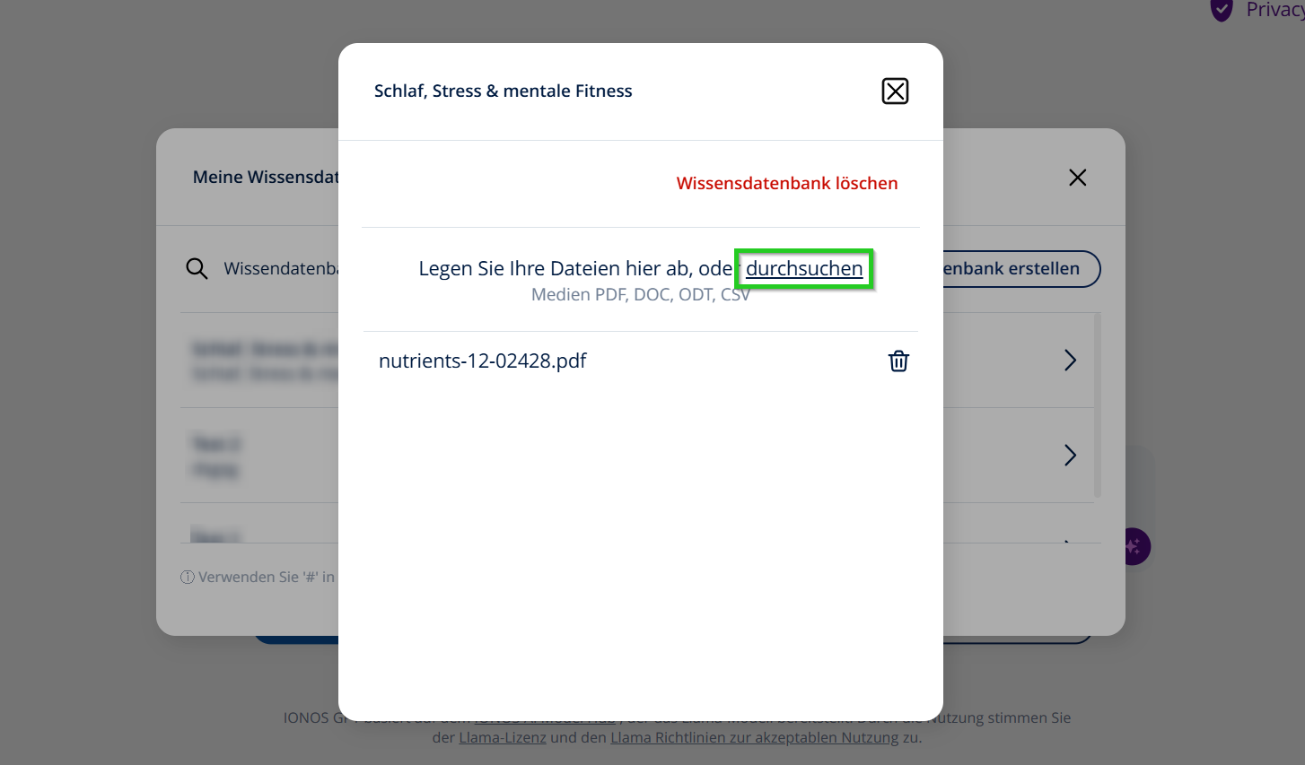 Benutzeroberfläche von IONOS GPT. Das Fenster mit den Details zu einer Wissensdatenbank ist geöffnet und der Link "durchsuchen" ist hervorgehoben.