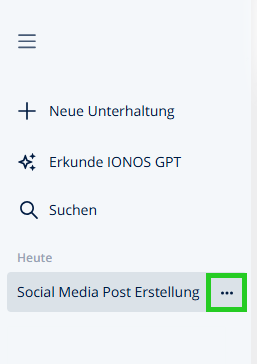 Auschnitt der Naviationsleiste von IONOS GPT. Neben dem Titel eines Chats ist das aus drei Punkten bestehende Chat-Menü-Symbol hervorgehoben.