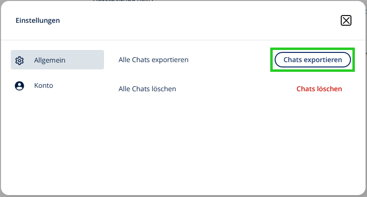 Die geöffneten Einstellungen von IONOS GPT. Die Schaltfläche "Chats exportieren" ist hervorgehoben.