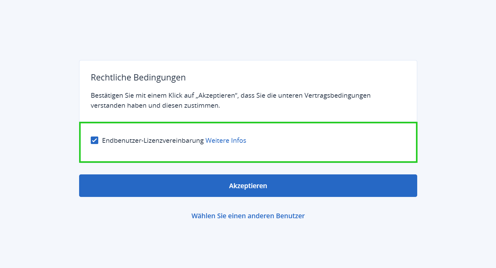 Screenshot: Die Seite Rechtliche Bedingungen wird angezeigt. Auf dieser Seite ist die Endbenutzer-Lizenzvereinbarung hervorgehoben.