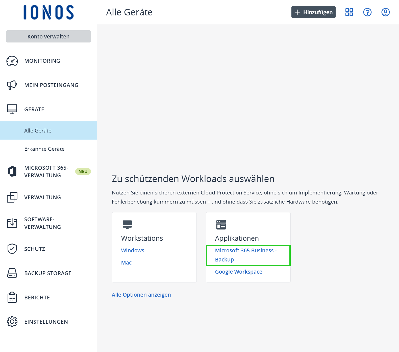 Screenshot: Die Cyber Protect-Konsole wird angezeigt. In der Cyber Protect-Konsole ist der Link Microsoft 365 Business-Backup hervorgehoben.