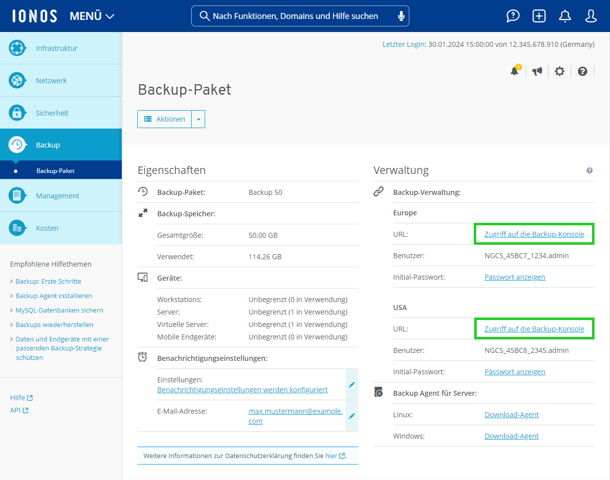 Screenshot: Im Cloud Panel wird der Bereich Backup > Backup-Paket angezeigt. In diesem Bereich sind im Abschnitt Verwaltung die Links Zugriff auf die Backup-Konsole hervorgehoben.