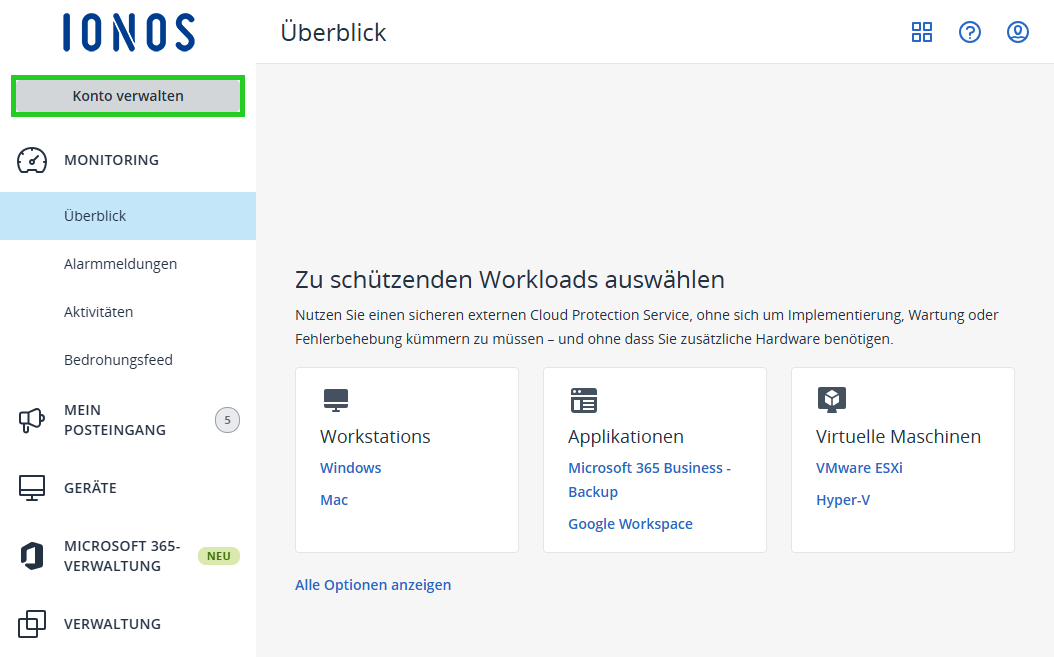 Screenshot: In der Backup-Konsole wird der Bereich MONITORING > Überblick angezeigt. In diesem Bereich ist die Schaltfläche Konto verwalten hervorgehoben.