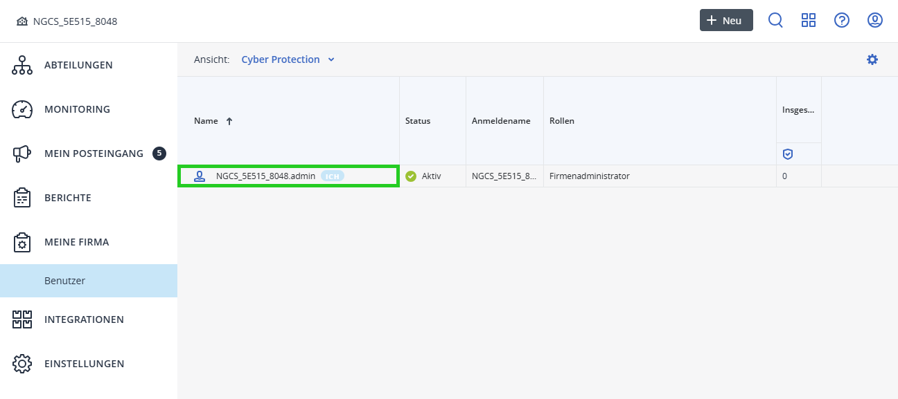 Screenshot: In der Backup-Konsole wird der Bereich MEINE FIRMA > Benutzer angezeigt. In diesem Bereich ist ein Benutzerkonto hervorgehoben.