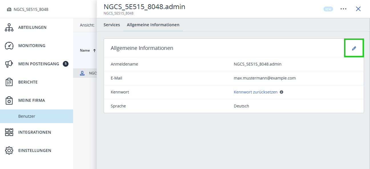 Screenshot: In der Backup-Konsole wird Overlay-Ansicht der Reiter Allgemeine Informationen angezeigt. In diesem Bereich ist das Stiftsymbol hervorgehoben.