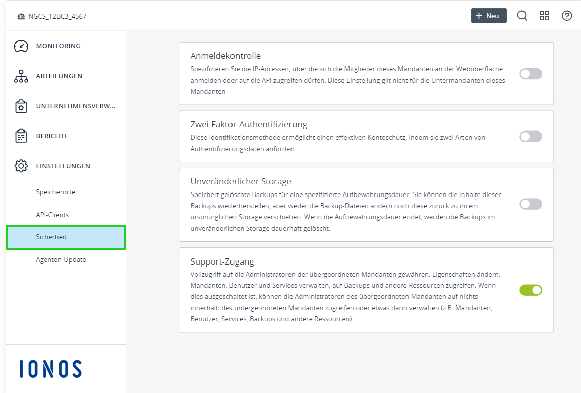 Screenshot: In der Backup-Konsole ist in der Navigationsleiste links unter EINSTELLUNGEN der Menüpunkt Sicherheit hervorgehoben.