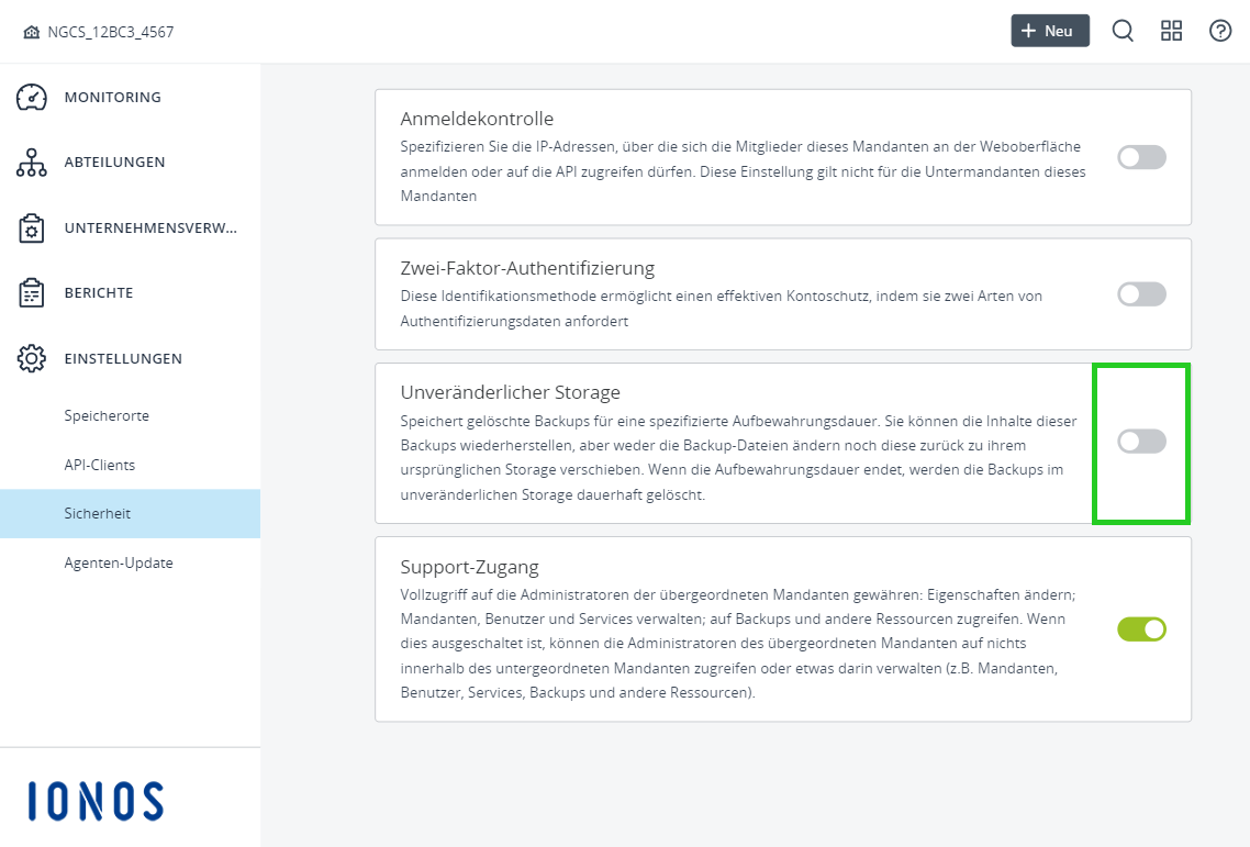 Screenshot: In der Backup-Konsole wird der Bereich EINSTELLUNGEN > Sicherheit angezeigt. In diesem Bereich ist der Schieberegler im Abschnitt Unveränderlicher Storage hervorgehoben.
