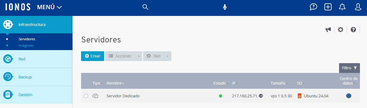 Screenshot: Im Cloud Panel wird der Bereich Infrastruktur > Server angezeigt.