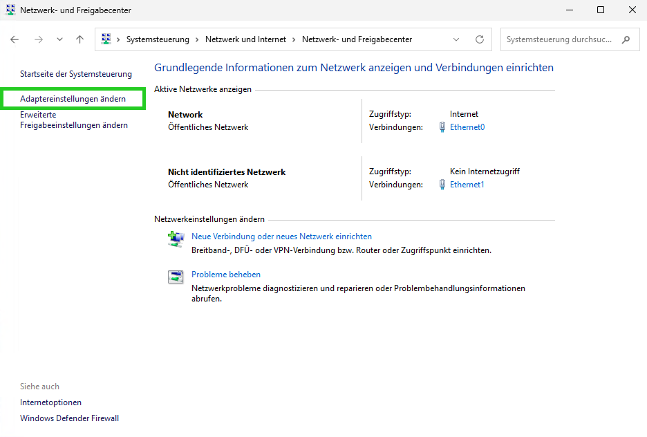 Screenshot: Das Fenster Netzwerk- und Freigabecenter wird angezeigt. In diesem Fenster ist die Schaltfläche Adaptereinstellungen ändern hervorgehoben.