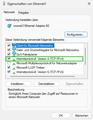 Screenshot: Das Fenster Eigenschaften von Ethernet 1 wird angezeigt. In der Liste Diese Verbindung verwendet folgende Elemente: ist der Eintrag Internetprotokoll Version 4 (TCP / IPv4) hervorgehoben.