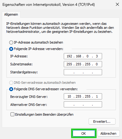 Screenshot: Das Fenster Eigenschaften von Internetprotokoll Version 4 (TCP/IPv4) wird angezeigt. In diesem Fenster ist die Schaltfläche OK hervorgehoben.