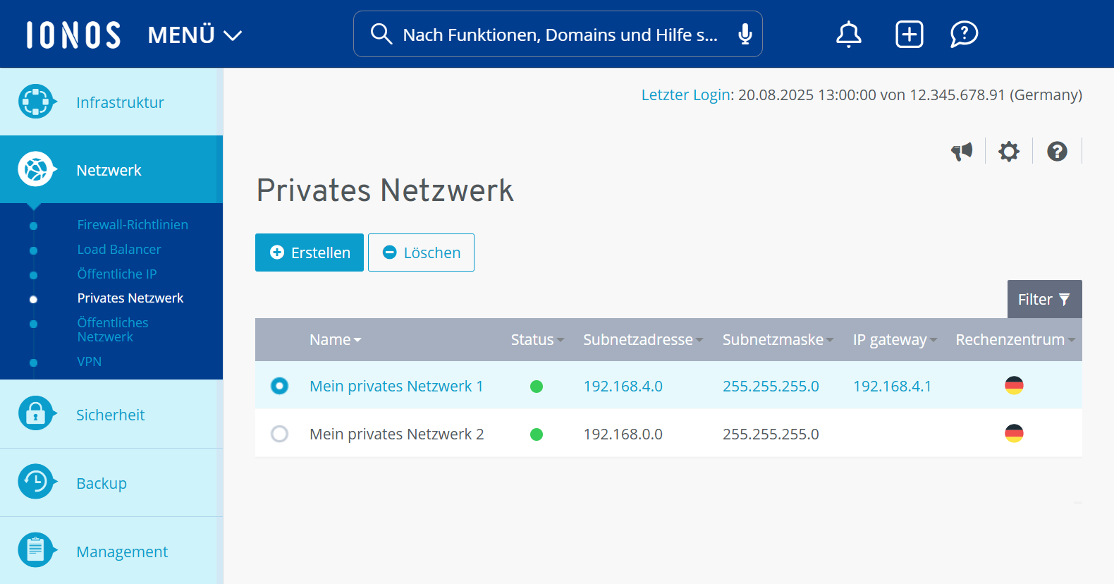 Screenshot: Der Bereich Bereich Netzwerk > Privates Netzwerk wird im Cloud Panel angezeigt.