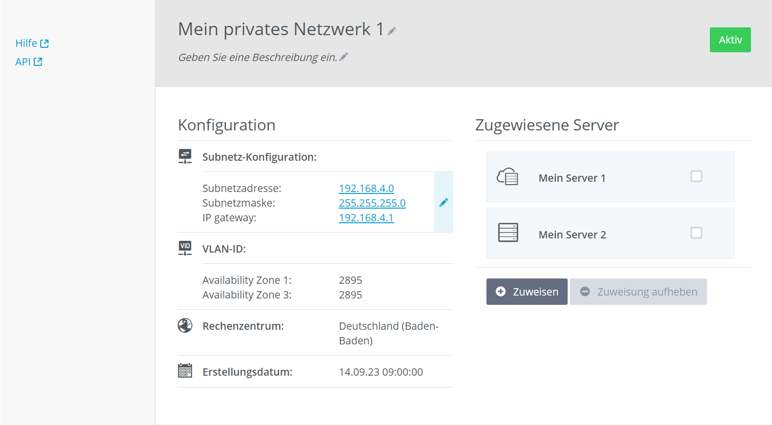 Screenshot: Die Detailinformationen zu einem privaten Netzwerk werden im Cloud Panel angezeigt.