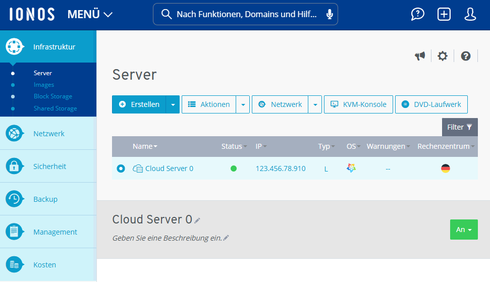 Screenshot: Im Cloud Panel wird der Bereich Infrastruktur > Server angezeigt.