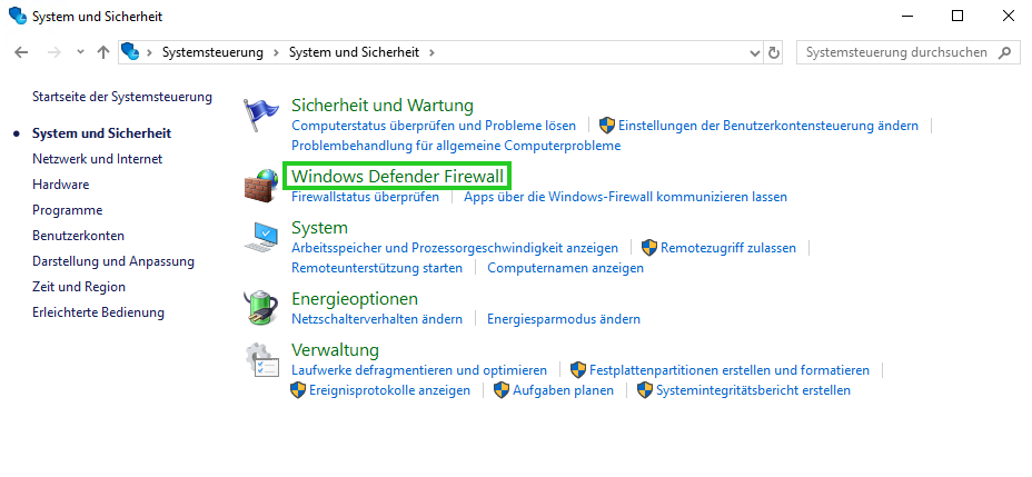 Screenshot: Das Fenster System und Sicherheit wird angezeigt. In diesem Fenster ist der Menüpunkt Windows Defender Firewall hervorgehoben.