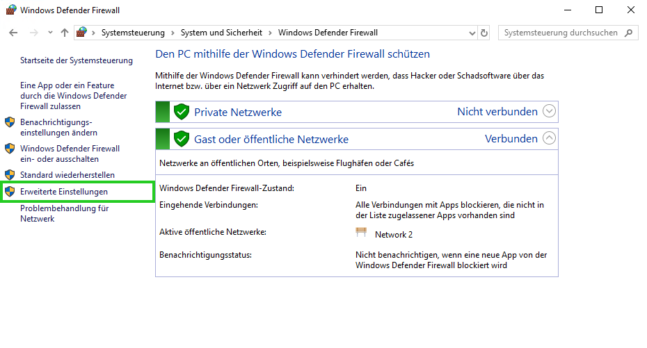 Screenshot: Das Fenster Windows Defender Firewall wird angezeigt. In diesem Fenster ist die Schaltfläche Erweiterte Einstellungen hervorgehoben.