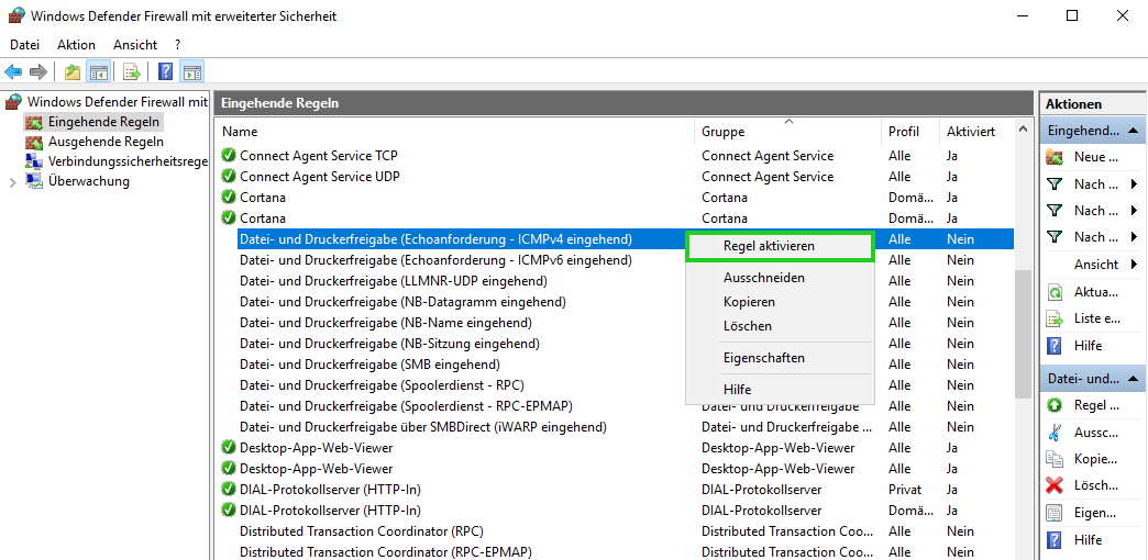 Screenshot: DDas Fenster Windows Defender Firewall mit erweiterter Sicherheit wird angezeigt. In diesem Bereich ist die Regel Datei- und Druckerfreigabe (Echoanforderung - ICMPv4-eingehend) ausgewählt. Darüber hinaus ist die Aktion Regel aktivieren hervorgehoben.