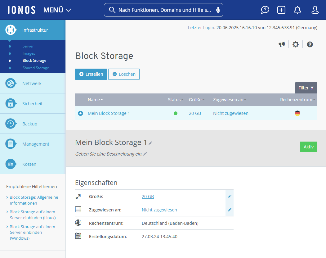 Screenshot: Im Cloud Panel wird der Bereich Infrastruktur > Blockstorage angezeigt. In diesem Bereich sind die Detailinformationen zum ausgewählten Block Storage aufgeführt.