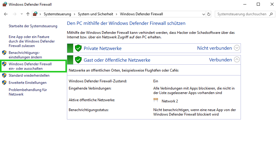 Die Windows Defender Firewall wird angezeigt. In diesem Bereich ist in der Navigationsleiste links der Menüpunkt Windows Defender Firewall ein- oder ausschalten hervorgehoben.