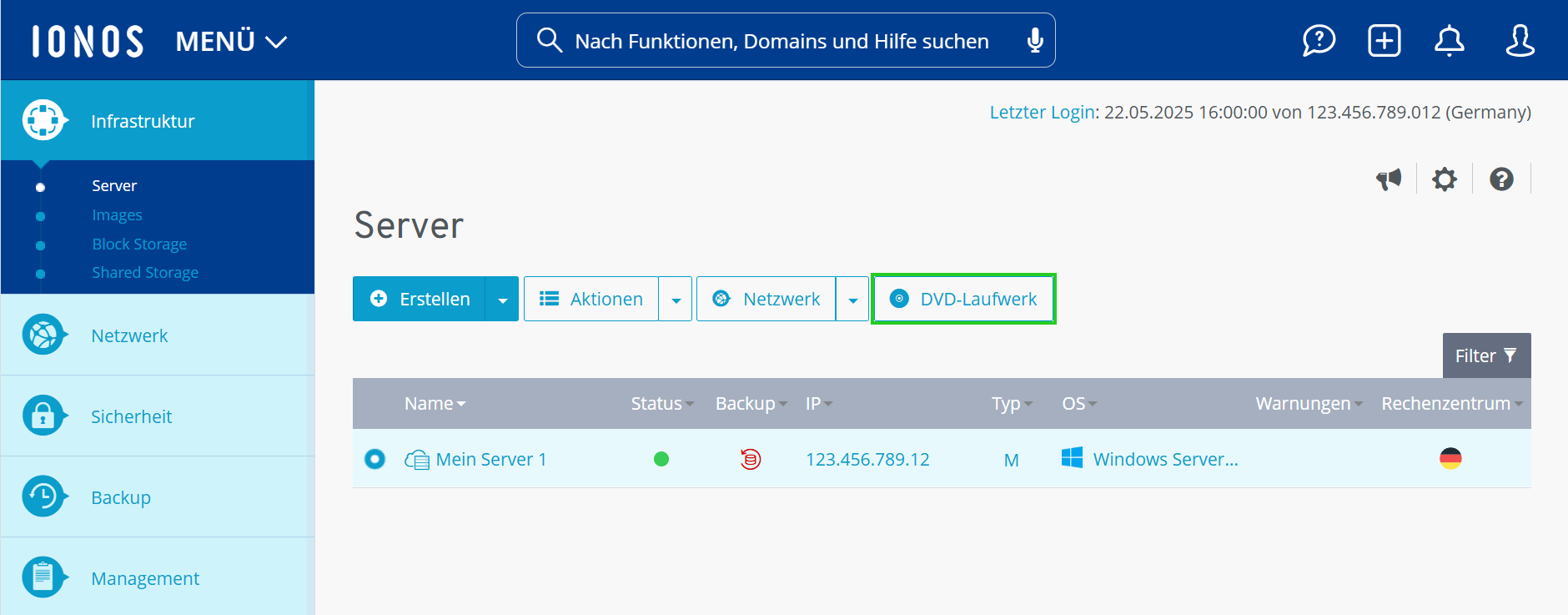 Screenshot: Der Bereich Infrastruktur > Server im Cloud Panel wird angezeigt. In diesem Bereich ist die Schaltfläche DVD-Laufwerk hervorgehoben.