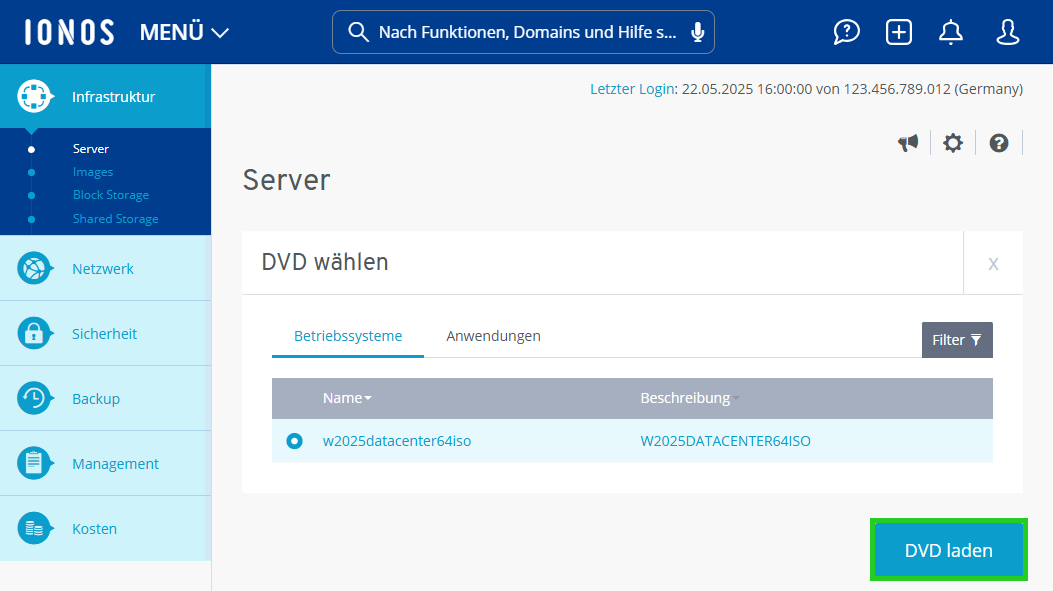Screenshot: Der Bereich DVD wählen wird im Cloud Panel angezeigt. Dieser Bereich zeigt die Option zur DVD-Auswahl mit der hervorgehobenen Schaltfläche DVD laden.