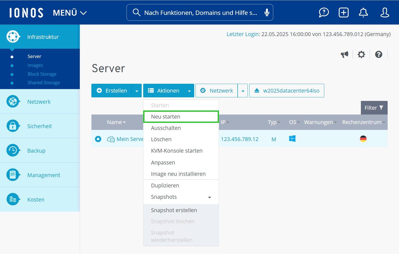 Screenshot: Der Bereich Infrastruktur > Server wird im Cloud Panel angezeigt. In diesem Bereich wird nach Auswahl eines Servers im Aktionsmenü für einen Server die Option Neu starten angezeigt.