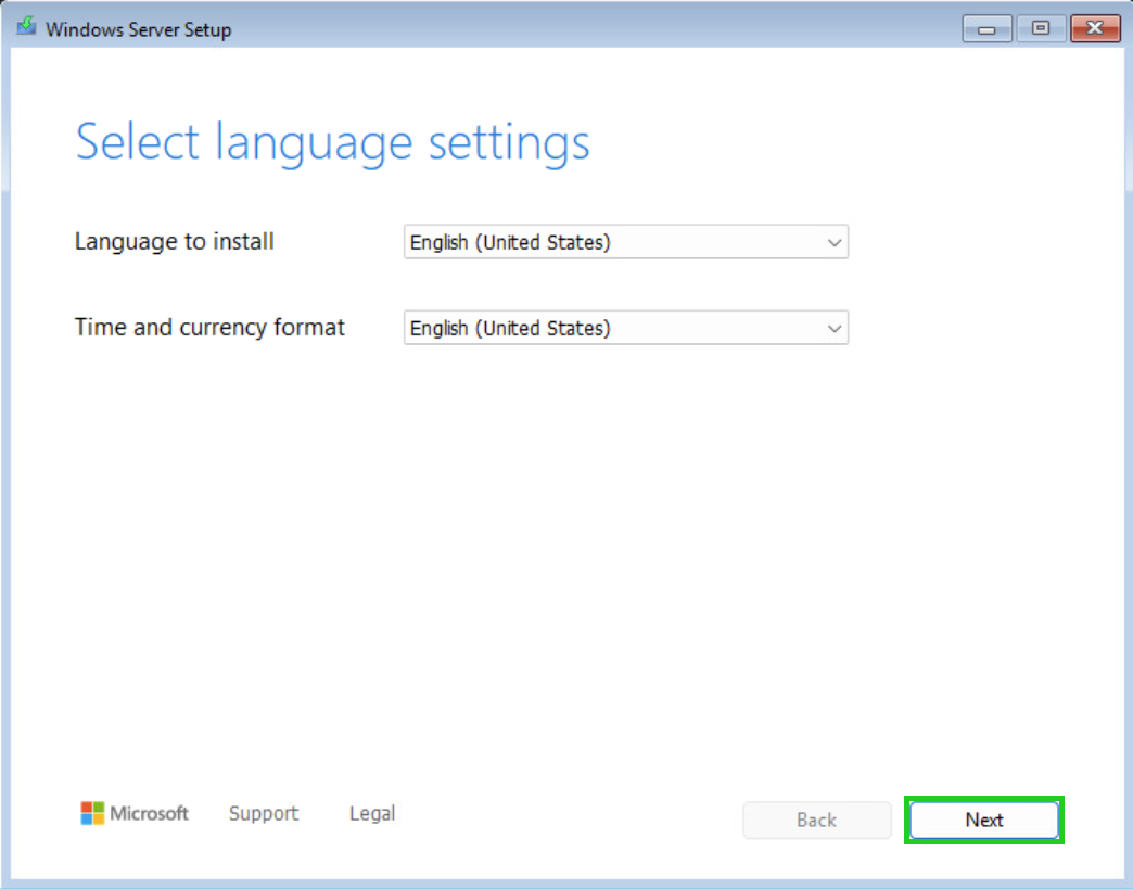 Screenshot: Das Fenster Select language settings zur Auswahl der Sprachoptionen wird angezeigt. In diesem Fenster ist die Schaltfläche Next hervorgehoben.