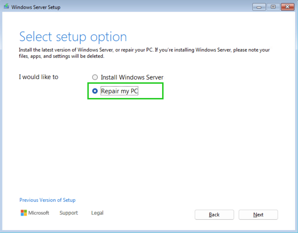 Screenshot: Das Fenster Select setup option wird angezeigt. In diesem Fenster ist die Option Repair my PC hervorgehoben.