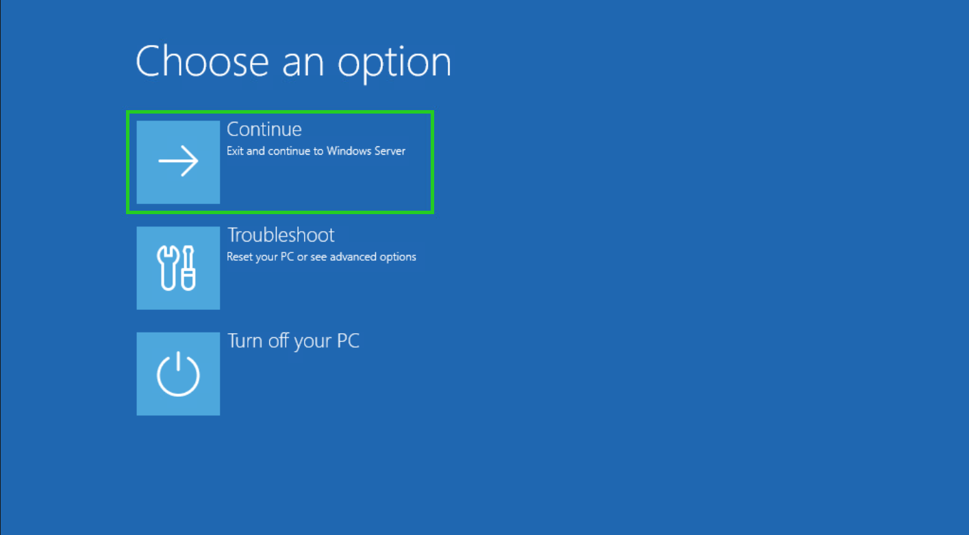 Screenshot: Der Auswahlbildschirm Choose an Option wird angezeigt. In diesem Bildschirm ist die Option Continue hervorgehoben.