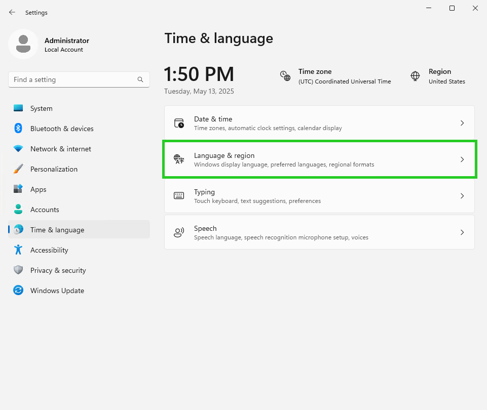 Screenshot: Das Fenster Time & language wird angezeigt. In diesem Fenster ist Schaltfläche Language & region hervorgehoben.