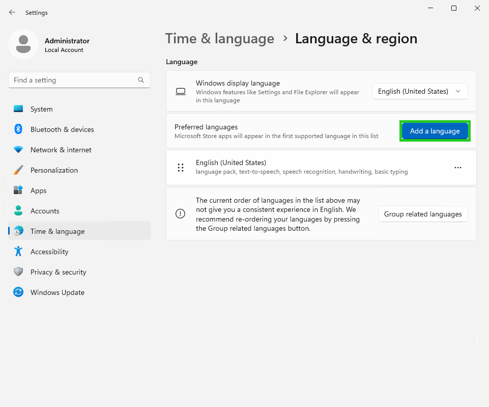 Screenshot: Das Fenster Time & language > Language & region wird angezeigt. In diesem Fenster ist Schaltfläche Add a language hervorgehoben.
