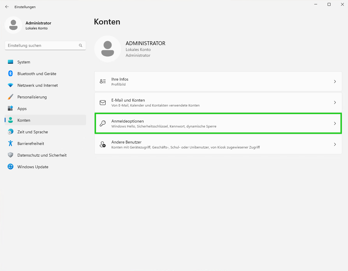 Screenshot: Der Bereich Konten wird angezeigt. In diesem Bereich ist der Menüpunkt Anmeldeoptionen hervorgehoben.