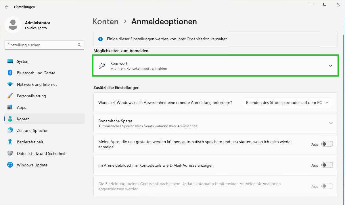 Screenshot: Der Bereich Anmeldeoptionen wird angezeigt. In diesem Bereich ist der Menüpunkt Kennwort hervorgehoben.
