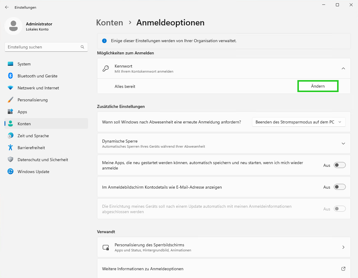 Screenshot: Der Bereich Anmeldeoptionen wird angezeigt. In diesem Bereich ist die Schaltfläche Ändern hervorgehoben.