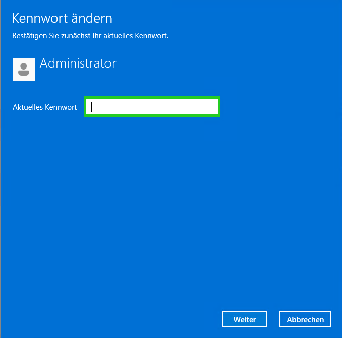 Screenshot: Das Fenster Kennwort ändern wird angezeigt. In diesem Bereich ist das Feld Aktuelles Kennwort hervorgehoben.