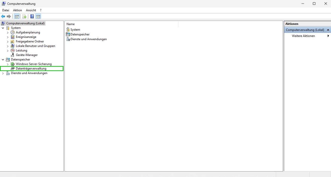Screenshot: Die Computerverwaltung wird angezeigt. In der Navigationsleiste links ist der Menüpunkt Datenträgerverwaltung hervorgehoben.