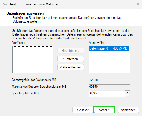 Screenshot: Der erste Schritt im Assistent zum Erweitern von Volumes wird angezeigt. In diesem Schritt ist die Schaltfläche Weiter hervorgehoben.