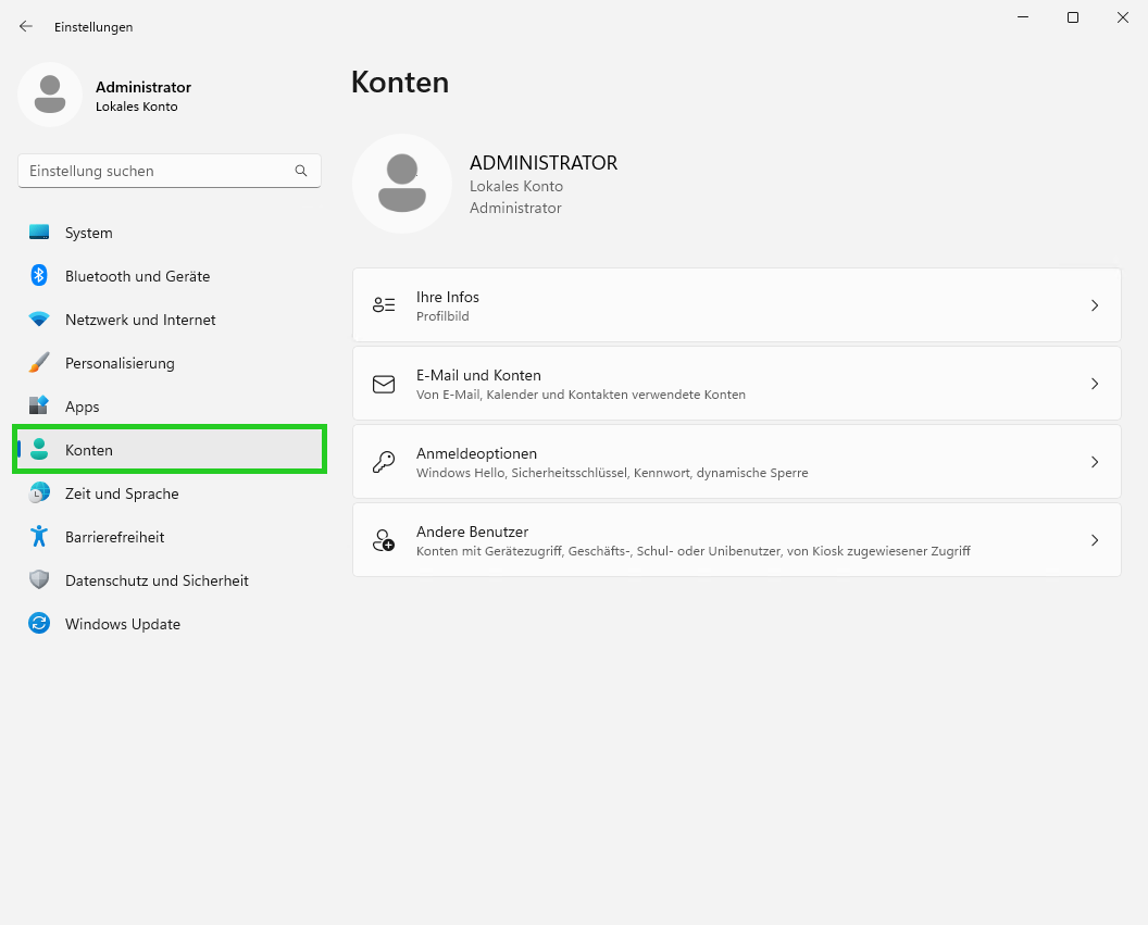 Screenshot: Das Fenster Einstellungen wird angezeigt. In diesem Fenster ist in der Navigationsleiste links der Menüpunkt Konten hervorgehoben.