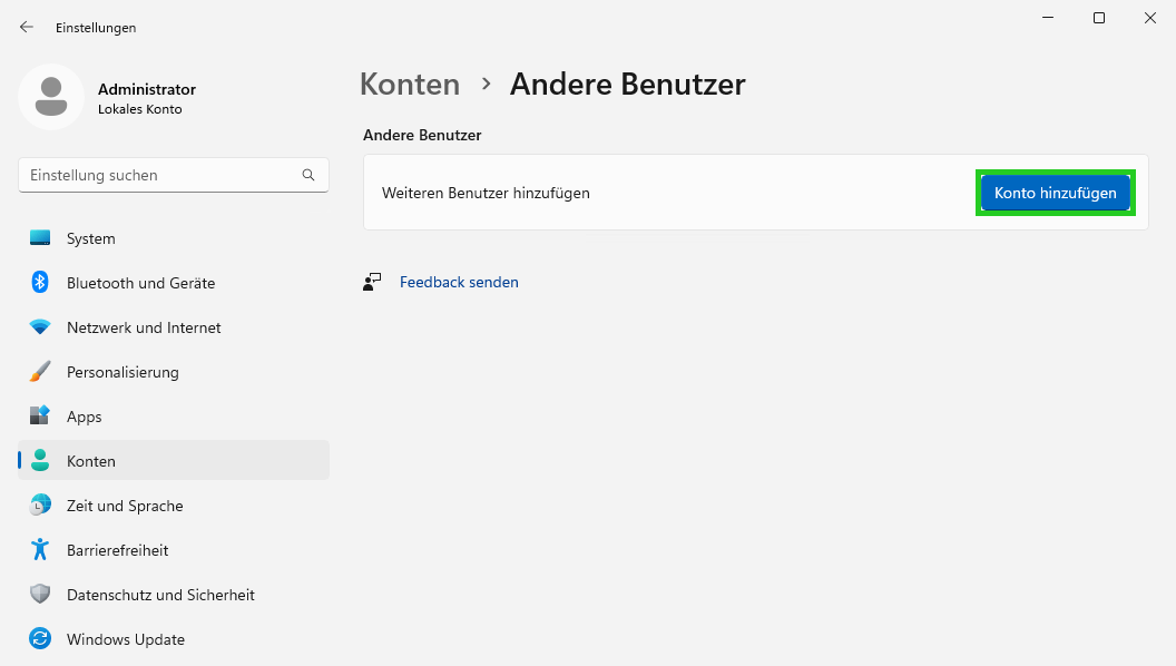 Screenshot: Im Fenster Einstellungen wird der Bereich Konten > Andere Benutzer angezeigt. In diesem Bereich ist die Schaltfläche Konto hinzufügen hervorgehoben.