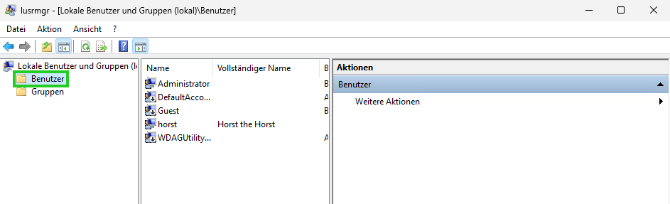 Screenshot: Das Fenster usrmgr - [Lokale Benutzer und Gruppen (lokal)]]\Benutzer wird angezeigt. In diesem Fenster ist in der Navigationsleiste links der Ordner Benutzer hervorgehoben.
