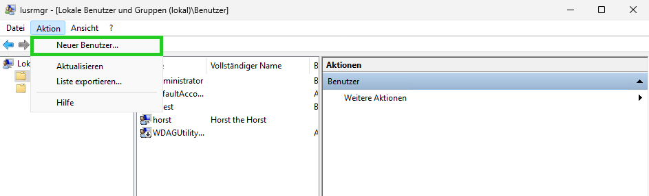 Screenshot: Das Fenster usrmgr - [Lokale Benutzer und Gruppen (lokal)]]\Benutzer wird angezeigt. In diesem Fenster ist in der Menüleiste unter Aktion der Menüpunkt Neuer Benutzer... hervorgehoben.