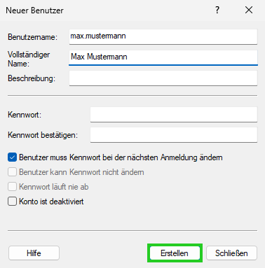 Screenshot: Das Fenster Neuer Benutzer wird angezeigt. In diesem Fenster die Schaltfläche Erstellen hervorgehoben.