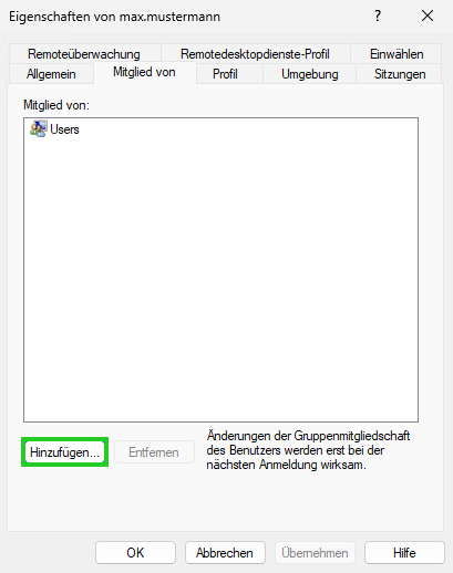 Screenshot: Das Fenster Eigenschaften von max.mustermann wird angezeigt. In diesem Fenster die Schaltfläche Hinzufügen... hervorgehoben.