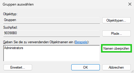 Screenshot: Das Fenster Gruppen auswählen wird angezeigt. In diesem Fenster die Schaltfläche Namen überprüfen hervorgehoben.